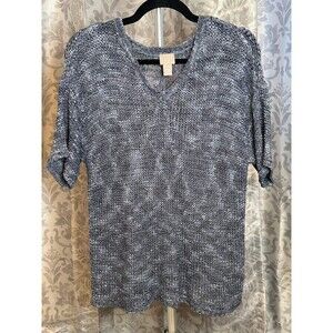Chicos Blue Short Sleeve V Neck Lightweight Knit Sweater Size 2 L
